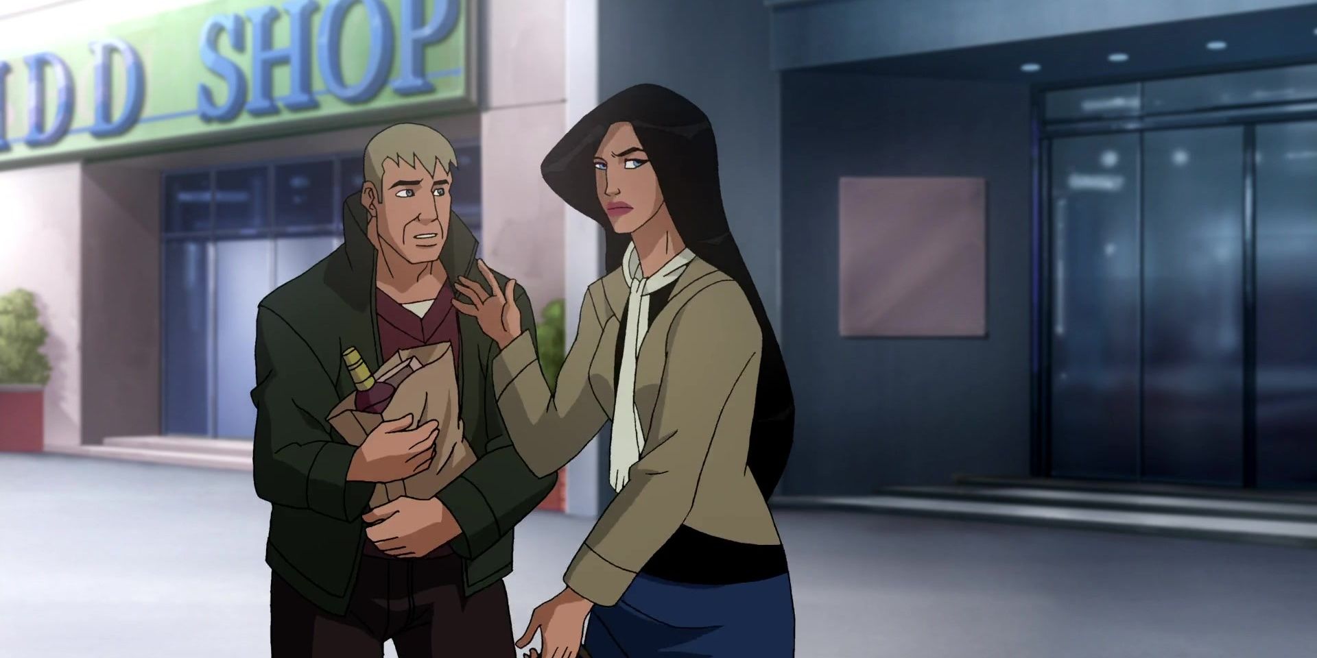 Steve Trevor and Wonder Woman talk on a street in a Wonder Woman animated series.