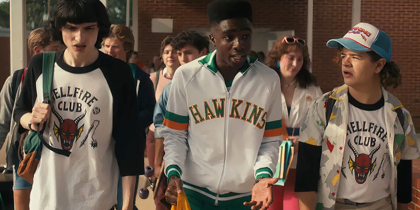 Three of the Stranger Things protagonists walking out of school.