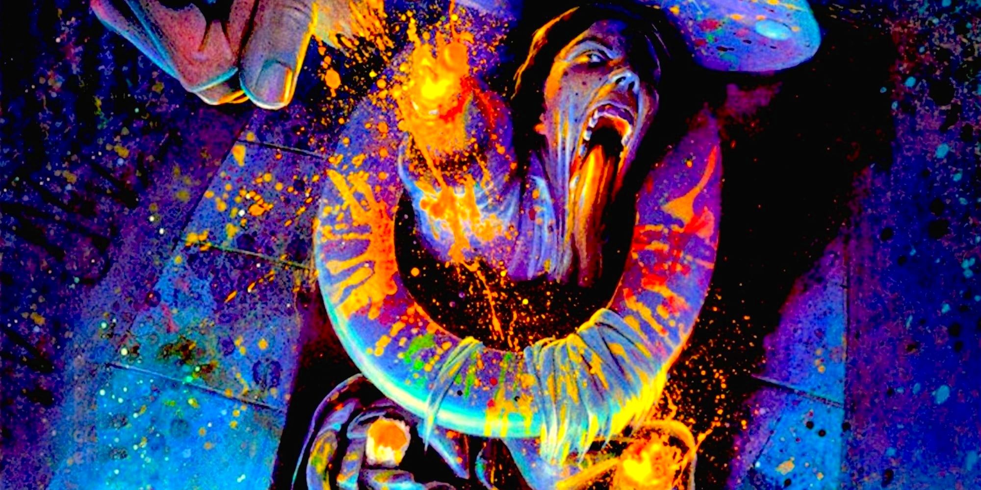 An illustrated poster for the movie Street Trash, depicting a brightly-colored, screaming dismembered figure being dragged down into a toilet bowl, while fluorescent gore splatters everywhere.