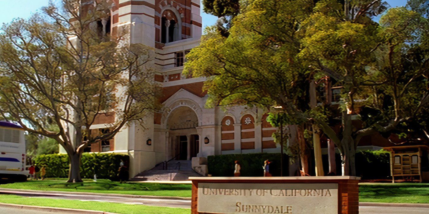 Sunnydale university of California with students walking by.