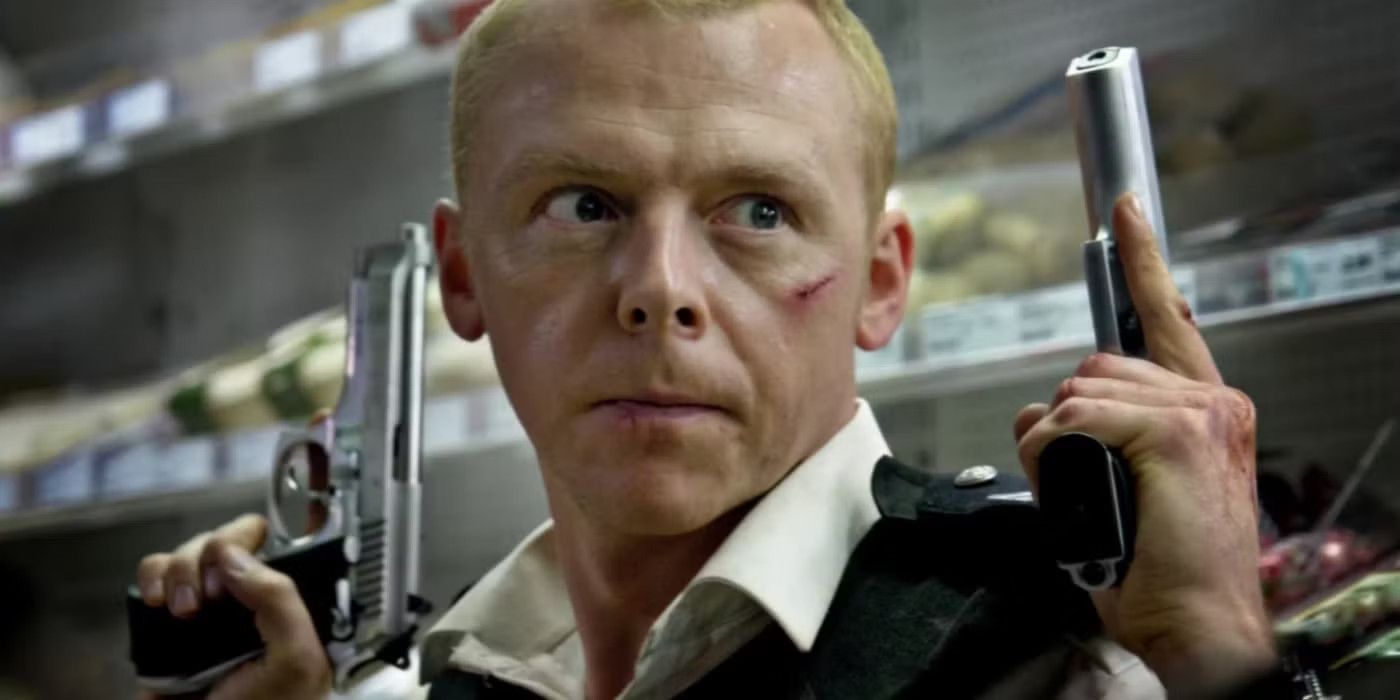 Angel holds guns in the supermarket in Hot Fuzz.