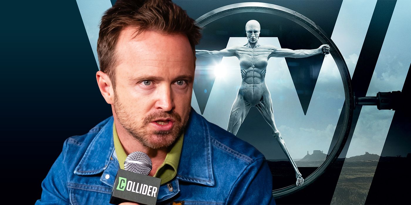 Aaron Paul in front of a Westworld Logo 