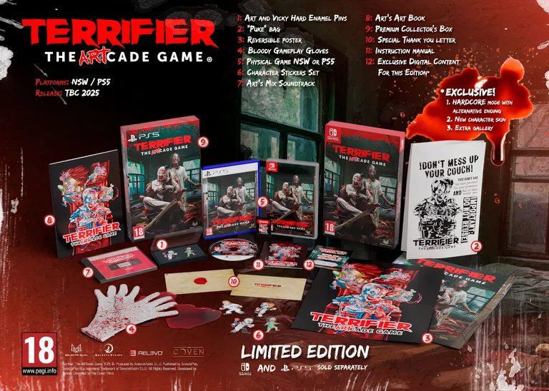 The Terrifier: The ARTcade Game Collector’s Edition comes with a long list of goodies for horror fans. This includes a physical copy of the game for PlayStation 5 or Nintendo Switch, a puke bag, a reversible poster, bloody gameplay gloves, a character sticker set, Art’s mix soundtrack and Art’s art book. This package also comes with a premium collector’s box, a special “Thank You” letter, an instruction manual and exclusive digital content for the game. 