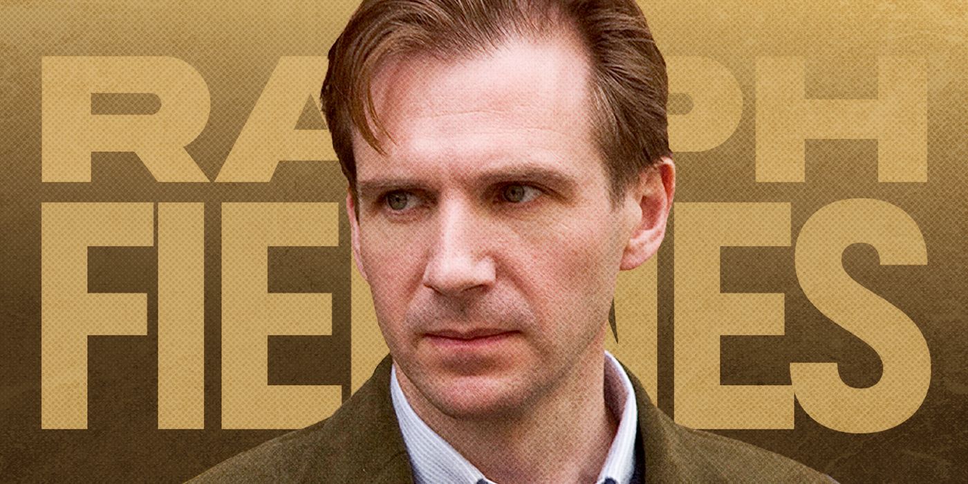 Ralph Fiennes with his name behind him