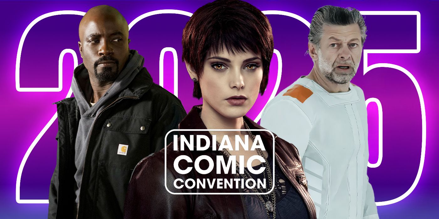 Blended image showing Mike Colter, Ashley Greene, and Andy Serkis with the Indiana Comic Con logo