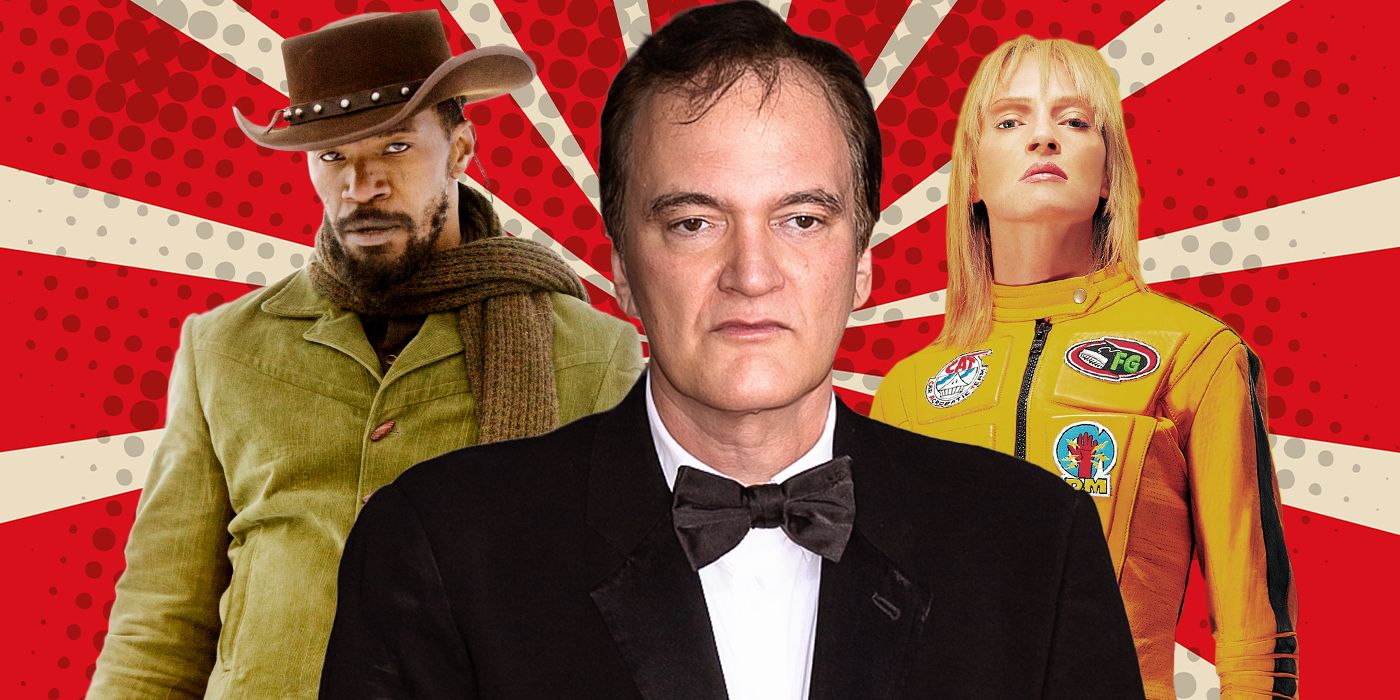 Blended image showing Quentin Tarantino with characters from Django Unchained and Kill Bill