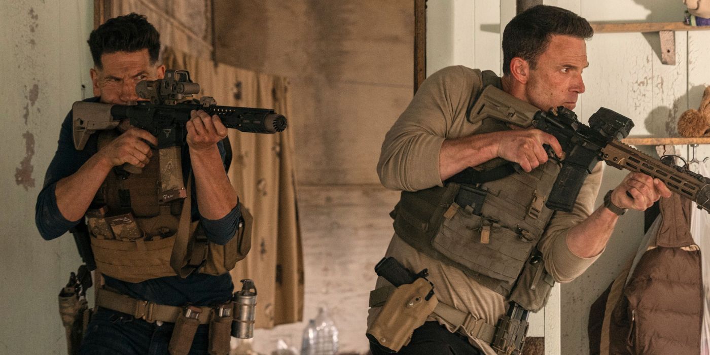 Jon Bernthal and Ben Affleck weilding assault rifles as Brax and Christian Wolff in The Accountant 2.