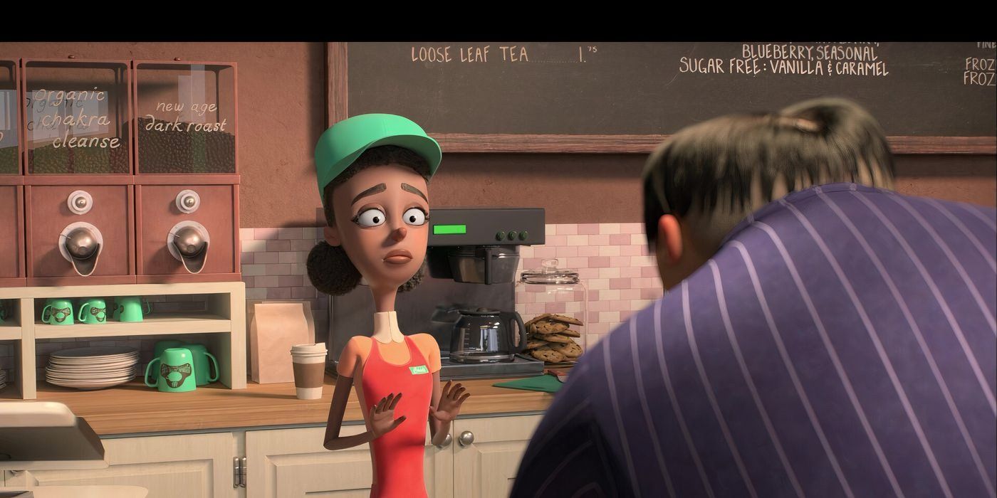 A young barista looking confused in The addams Family 2019
