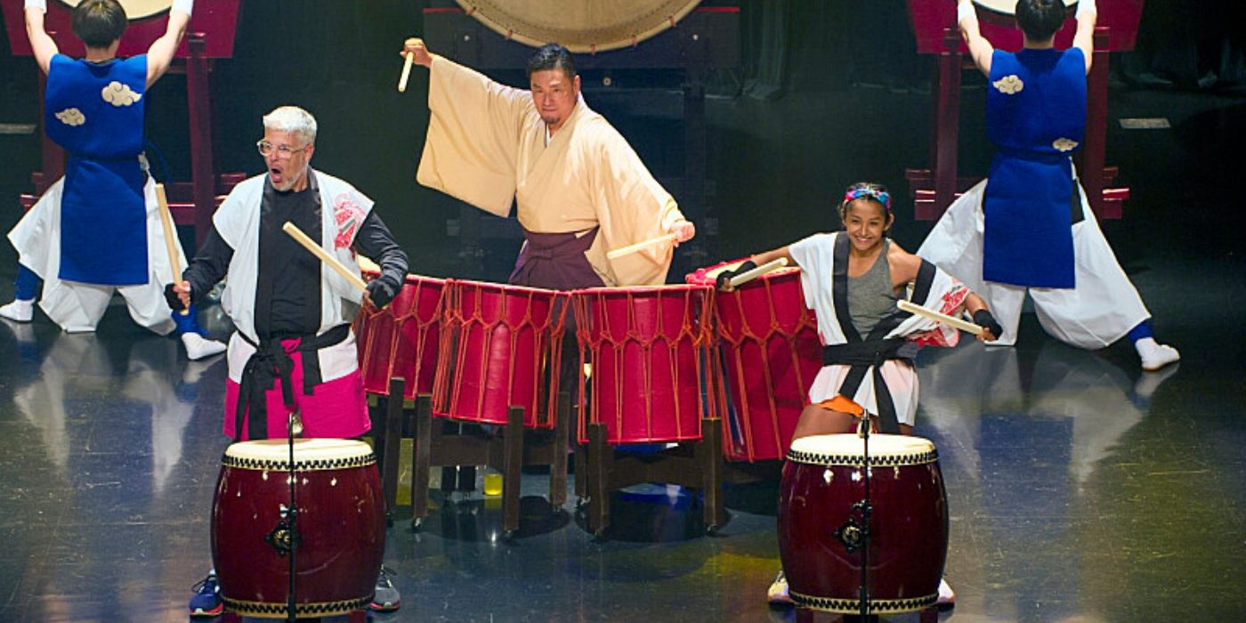 Scott and Bernie drumming during the Intersection on 'The Amazing Race' Season 37.