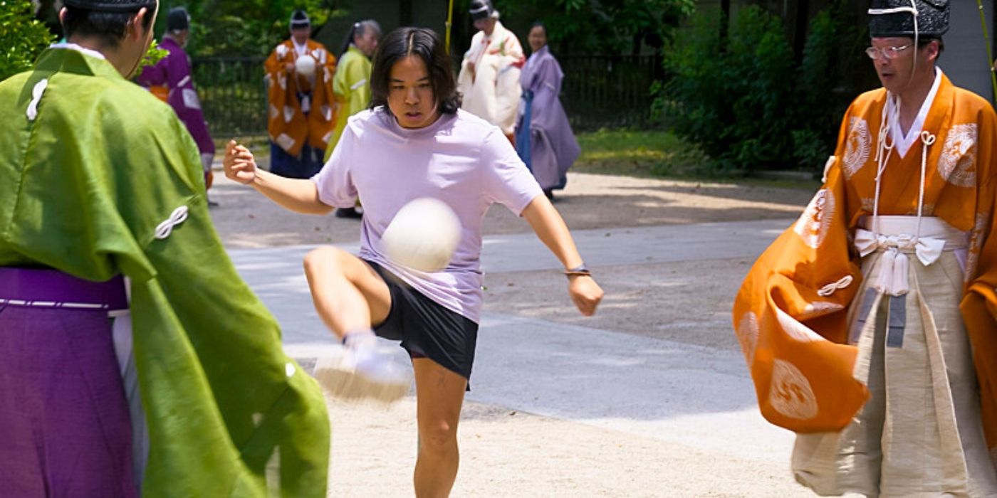 Holden kicks a ball in Kyoto on &lsquo;The Amazing Race&rsquo; Season 37.