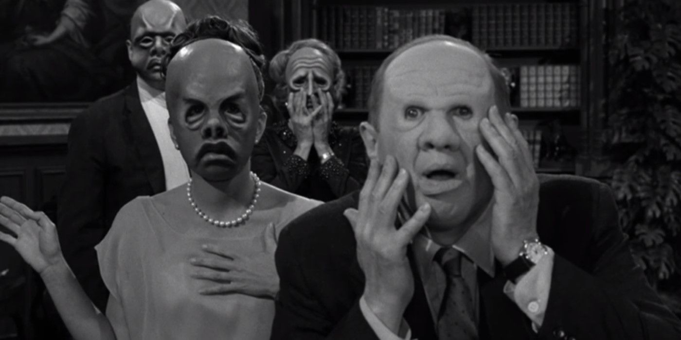 The family of Jason Foster (Robert Keith) realizing what their masks have done to them in The Twilight Zone episode "The Masks."