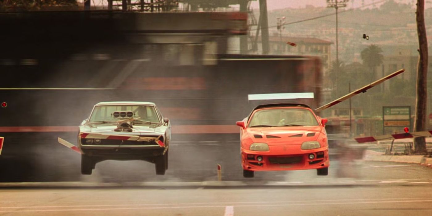 Cars doing jumps side by side in The Fast and the Furious.