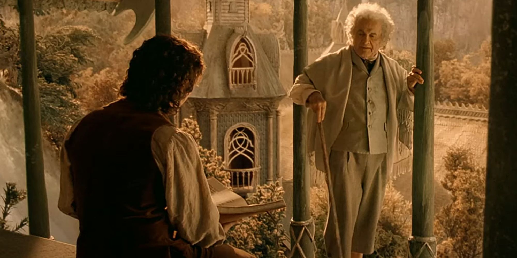 Bilbo (Ian Holm) and Frodo (Elijah Wood) in Rivendell in The Lord of the Rings: The Fellowship of the Ring.