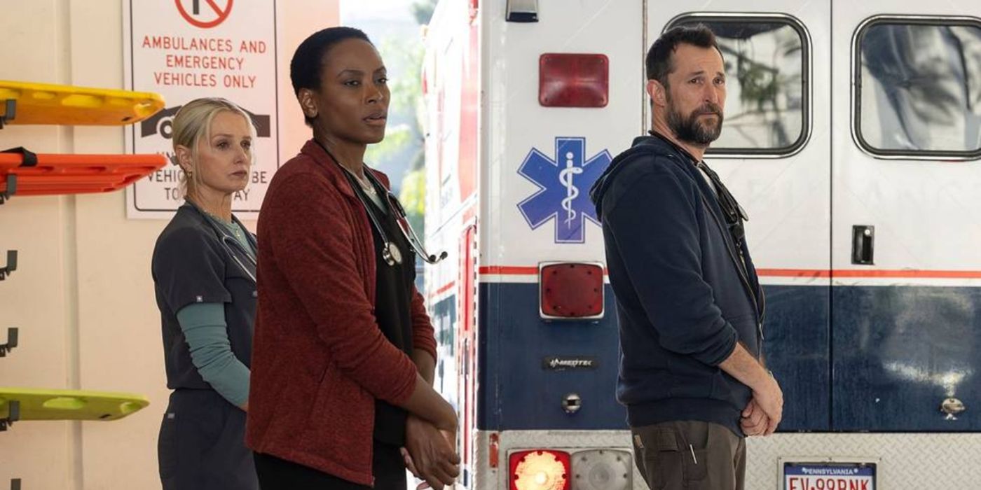 Heather Collins (Tracy Ifeachor), Robby (Noah Wyle), and Dana (Katherine LaNasa) standing outside in The Pitt.