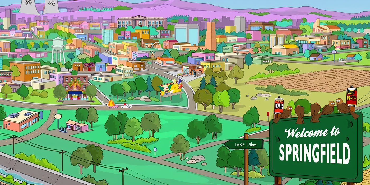 Welcome to Springfield sign and a view of the town in the series The Simpsons.