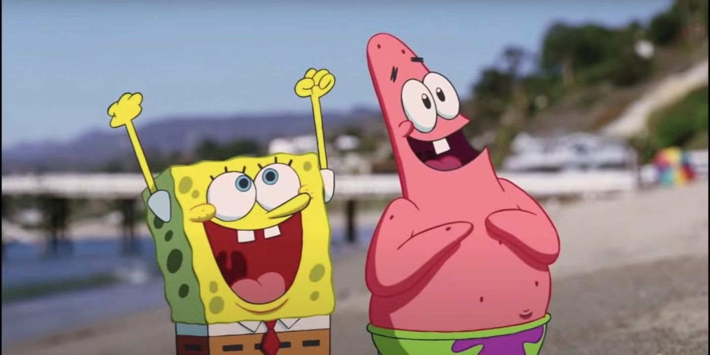 Patrick (Bill Fagerbakke) and SpongeBob (Tom Kenny) jumping with joy on a beach in The Spongebob Squrepants Movie
