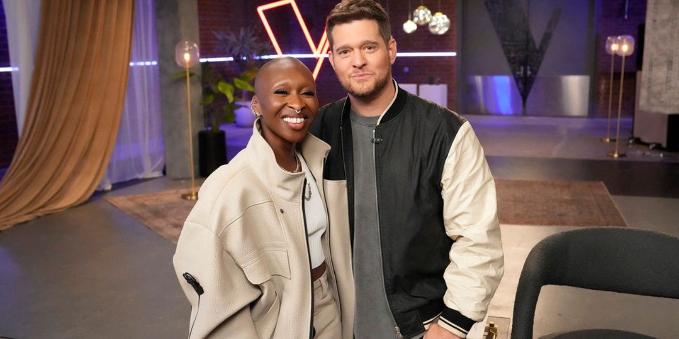 Cynthia Erivo and Michael Bublé pose during rehearsals on 'The Voice' Season 27.