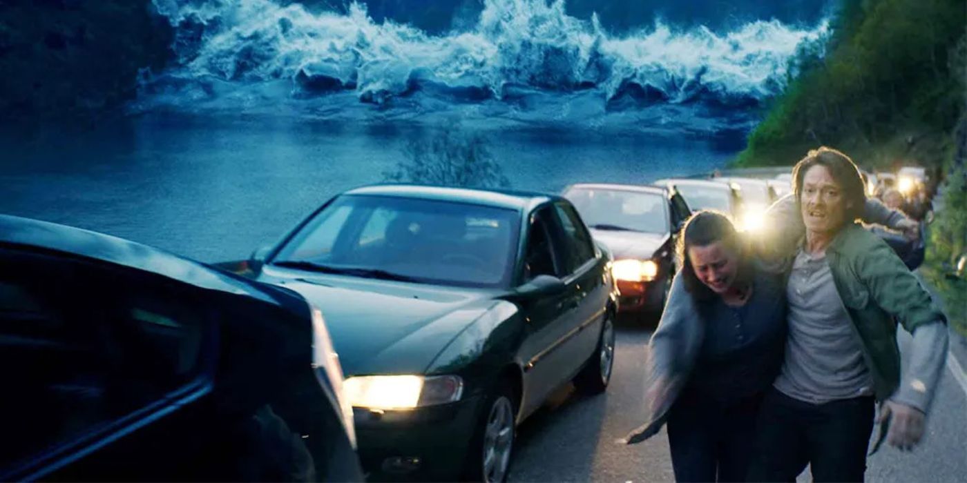 A group of people run away from cars and a large tsunami in The Wave.