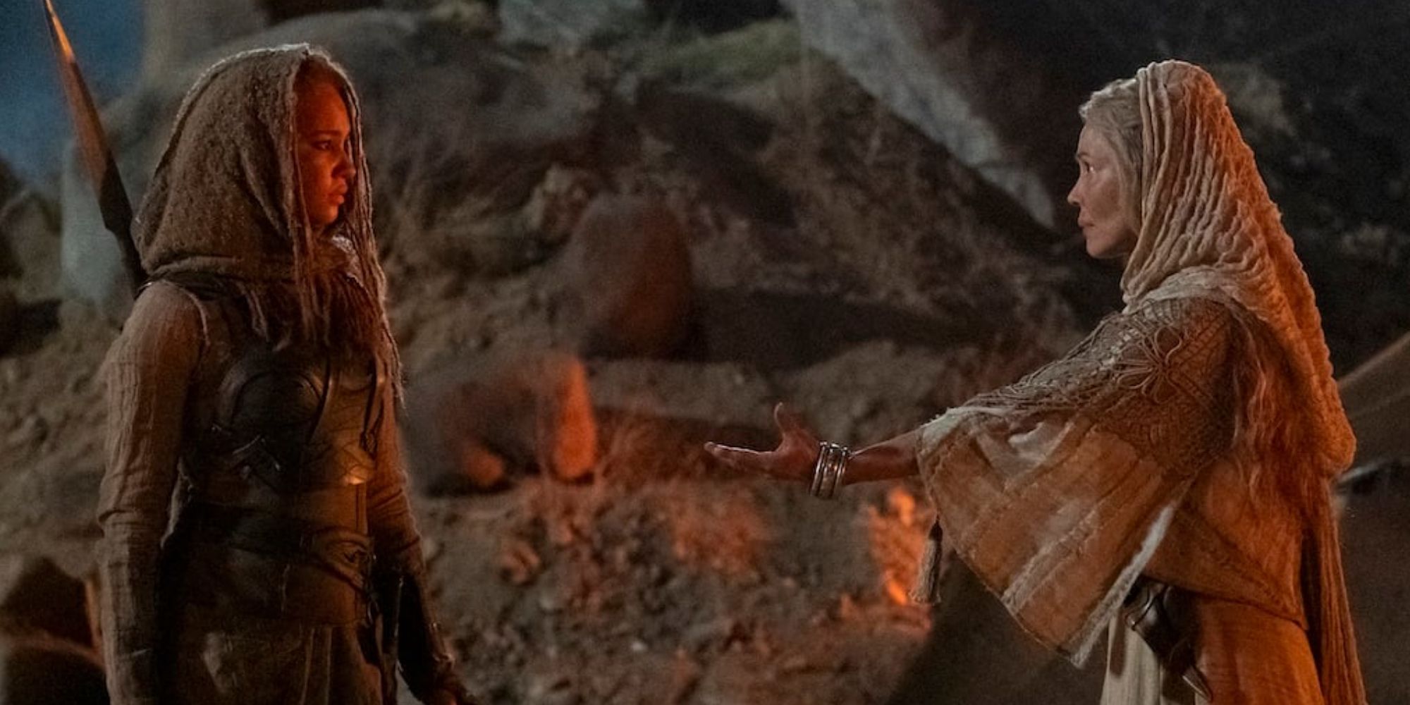Bair (Nukâka) demands Aviendha (Ayoola Smart) give up her spears in The Wheel of Time Season 3