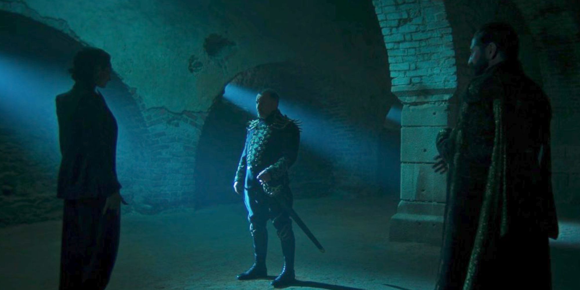 Lanfear (Natasha O&rsquo;Keeffe), Rahvin (Nuno Lopes), and Sammael (Cameron Jack) meeting together in The Wheel of Time Season 3.