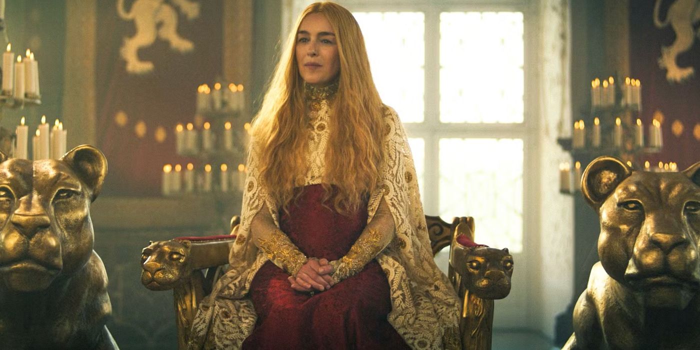 Queen Morgase (Olivia Williams) on the Lion Throne in The Wheel of Time