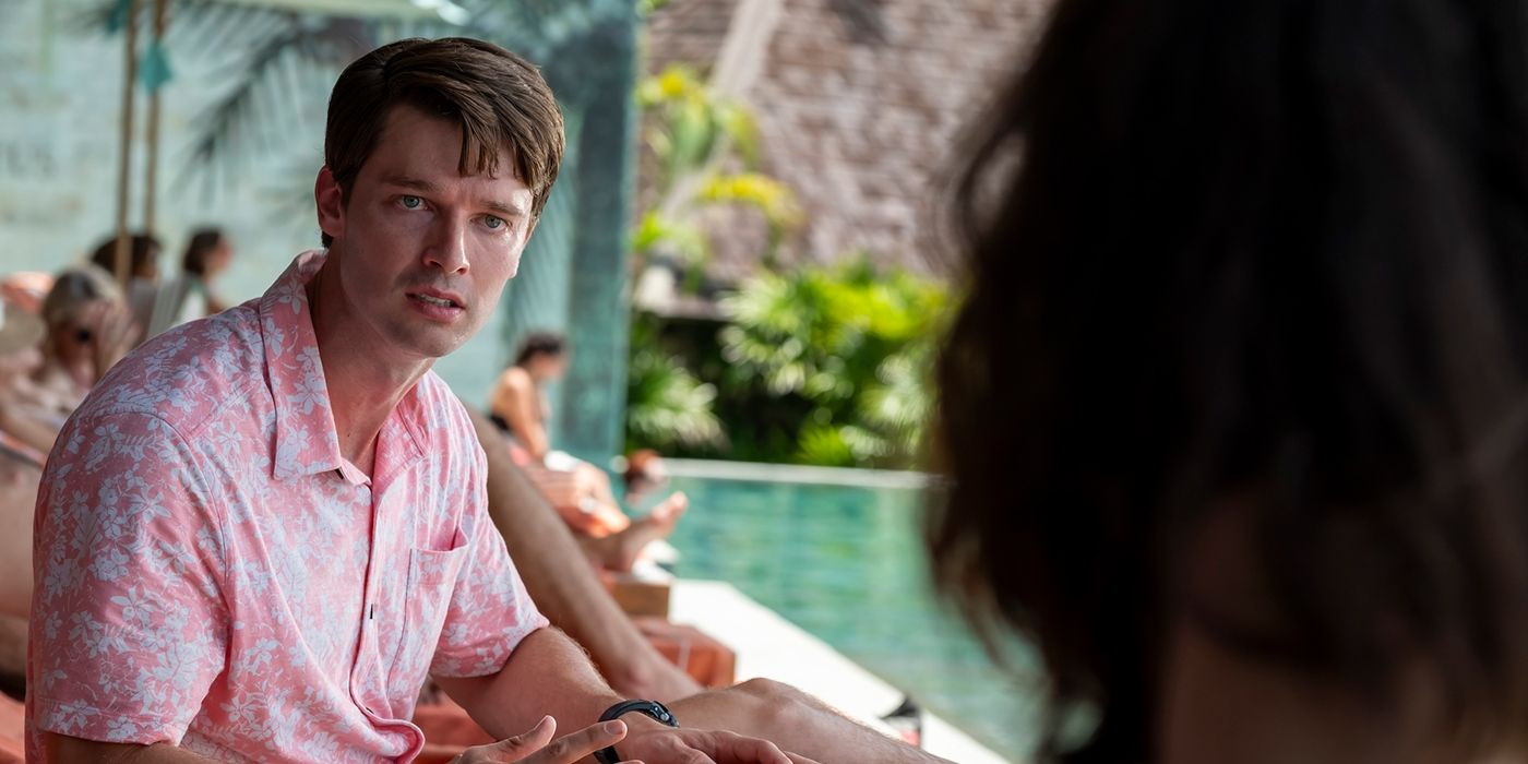Patrick Schwarzenegger as Saxon staring dumbfounded in The White Lotus
