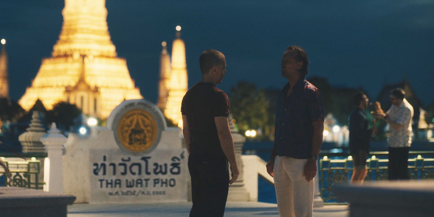 Sam Rockwell and Walton Goggins standing across from each other in Thailand in The White Lotus