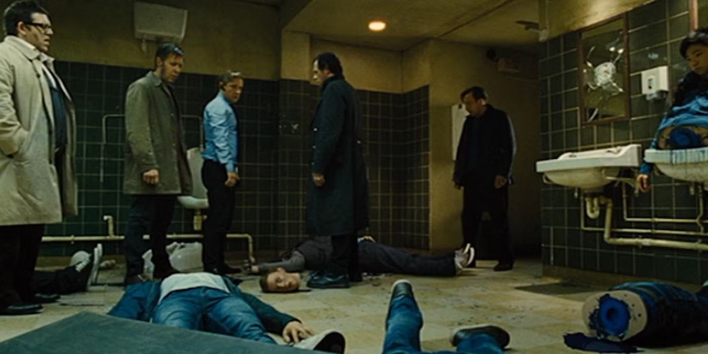 Bodies of androids lie broken around a bathroom floor in The World's End.