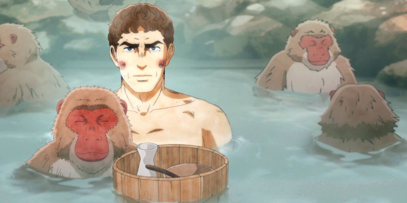 A man sitting in a hot springs with baboons in Thermae Romae Novae