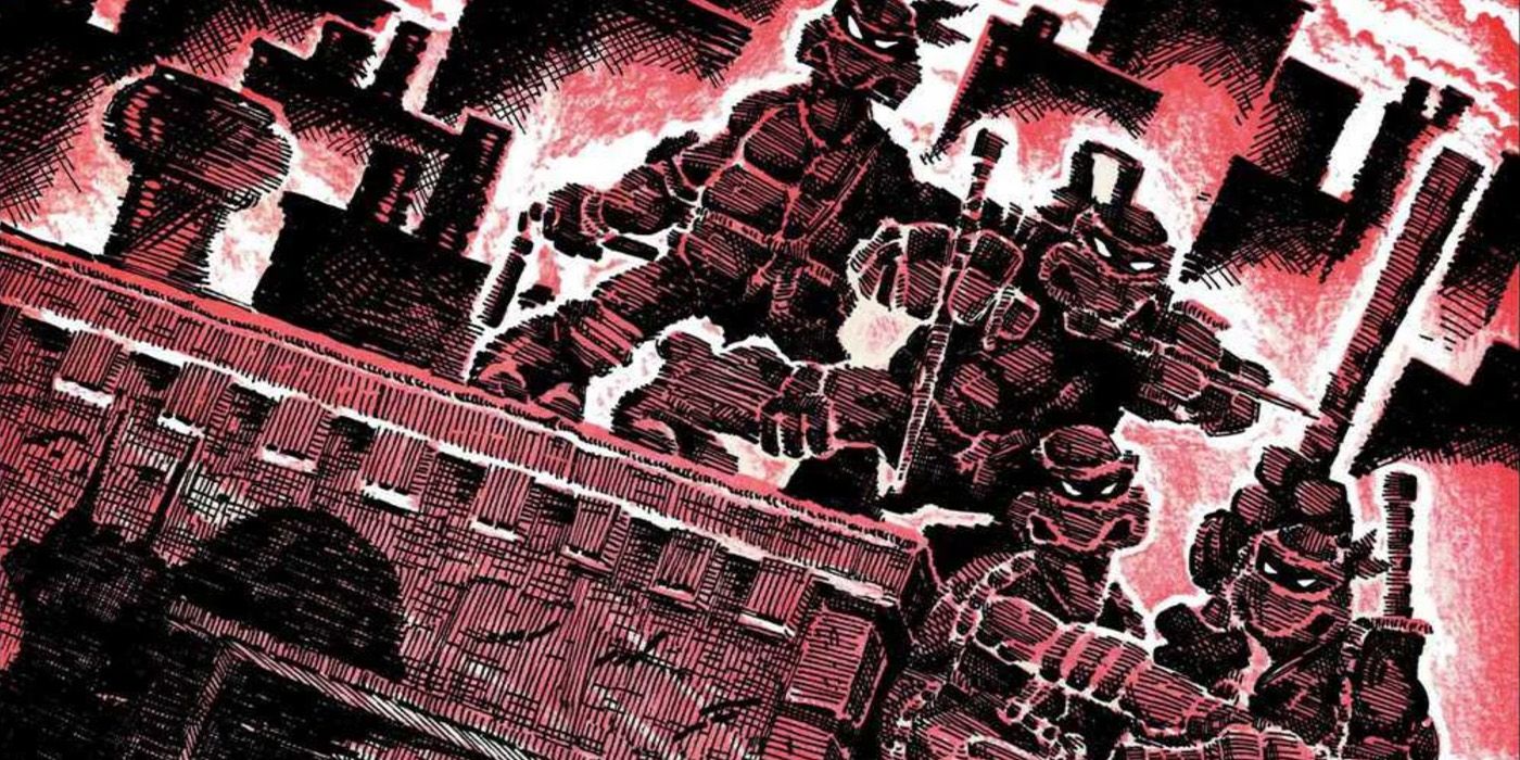 The Teenage Mutant Ninja Turtles as they first appeared in Teenage Mutant Ninja Turtles #1 (1984) with Shredder&rsquo;s shadow in the foreground.