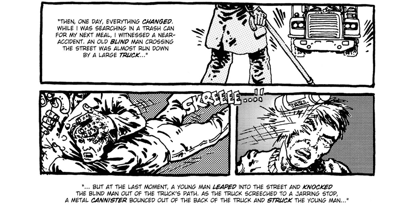 An unnamed Matt Murdock saves a blind man in the first issue of &lsquo;Teenage Mutant Ninja Turtles&rsquo; (1984).