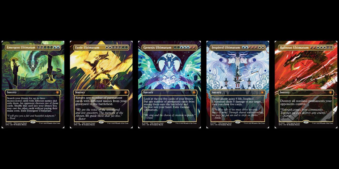 The five Ultimatum cards for Magic: The Gathering&rsquo;s Tarkir: Dragonstorm set.