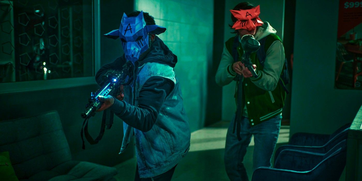 Characters wearing masks walk through a store while aiming paintball guns in &lsquo;Wake Up&rsquo;