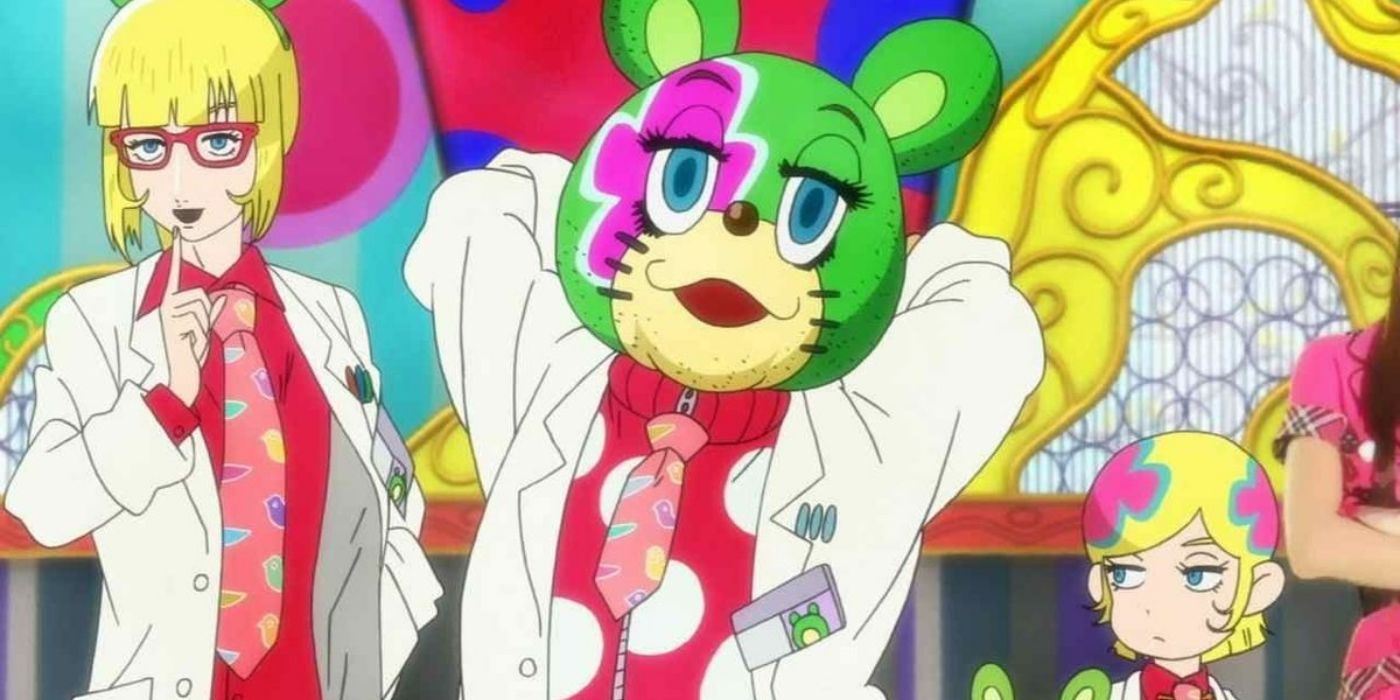 A child, a person, and a green bear wearing labcoats in Welcome to Irabu&rsquo;s Office