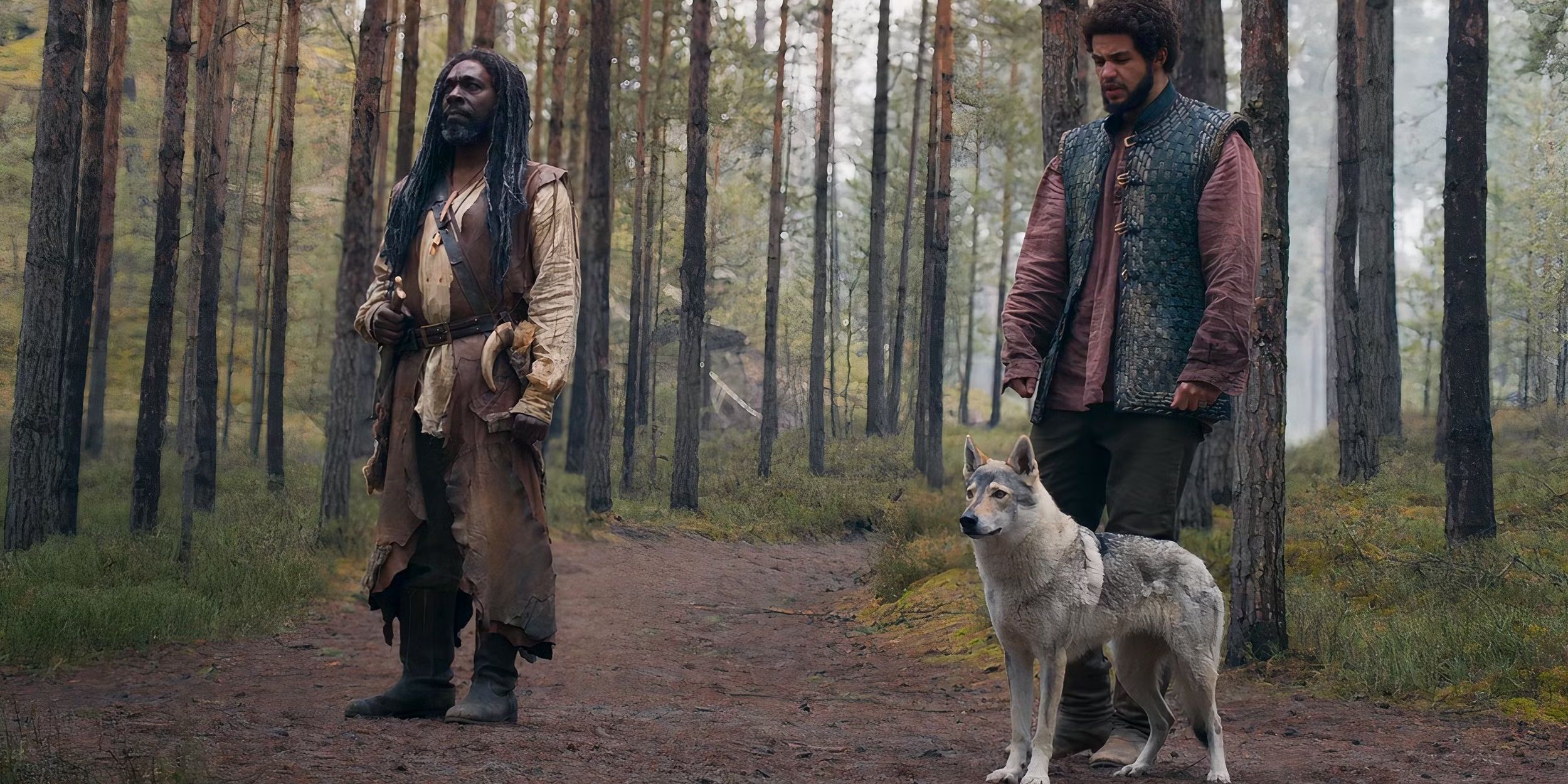 Perrin (Marcus Rutherford), Hopper, and Elyas (Gary Beadle) walking together.