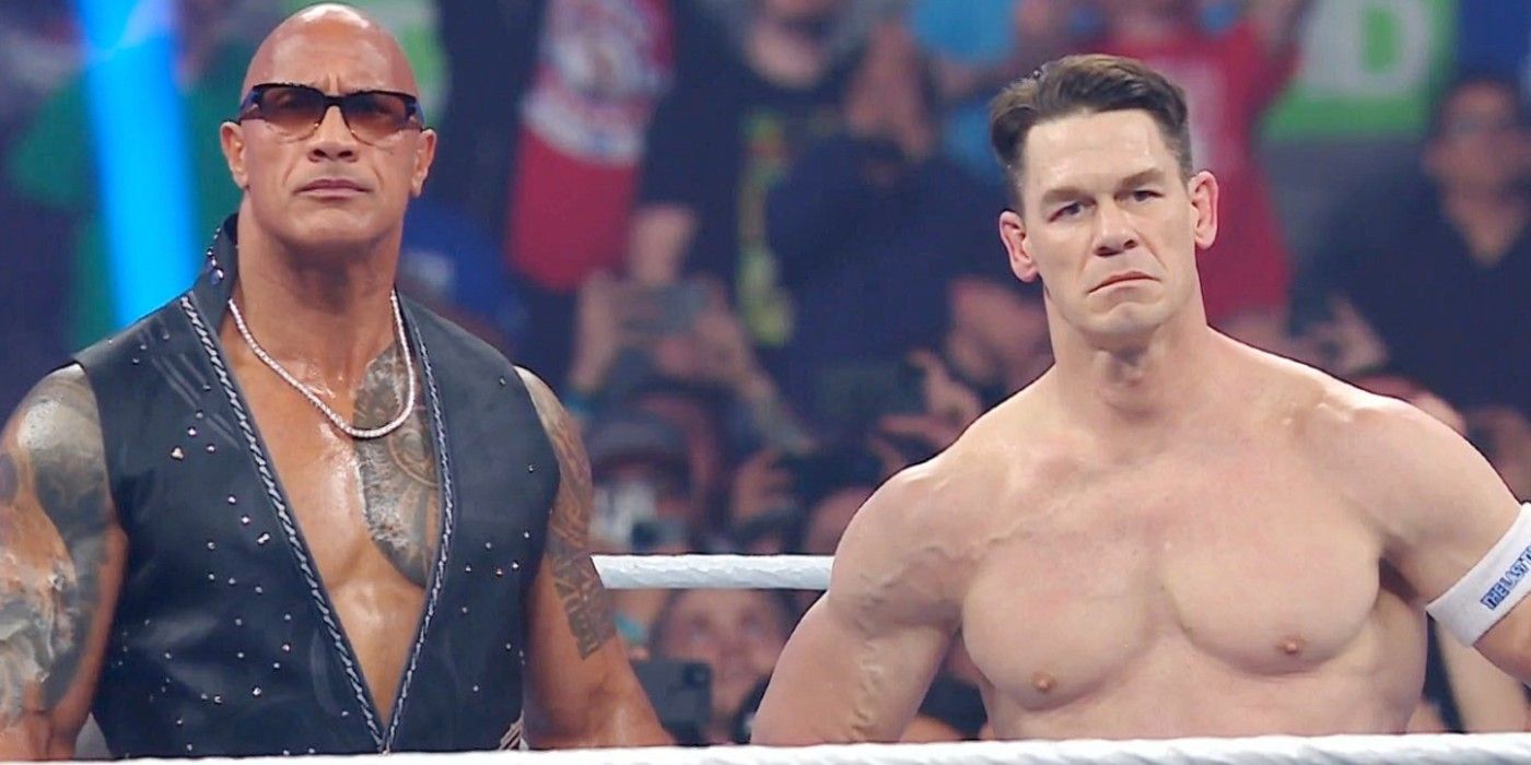 The Rock and John Cena stand together at WWE Elimination Chamber