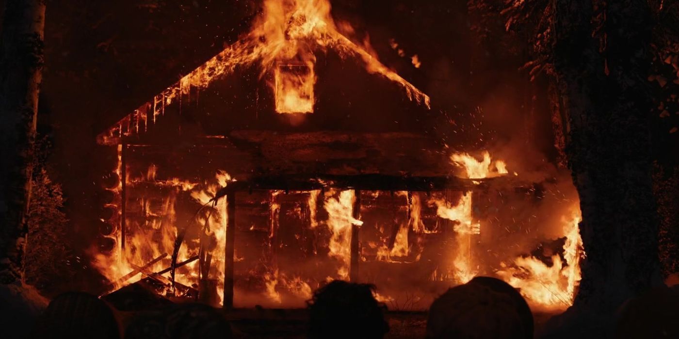 The cabin in the Wilderness burns in Yellowjackets.