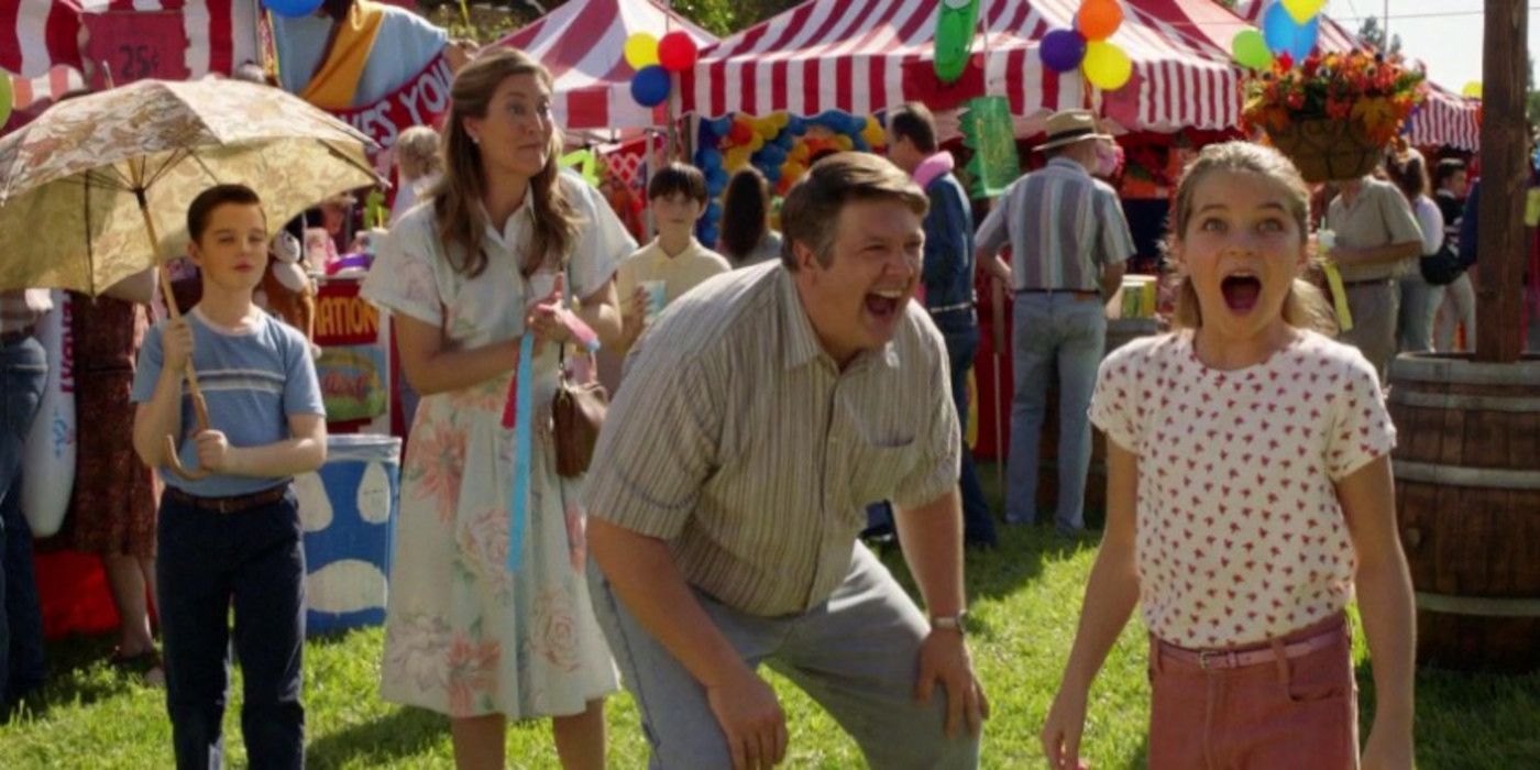 Missy looks excited while George, Mary and Sheldon cheer her on in Young Sheldon
