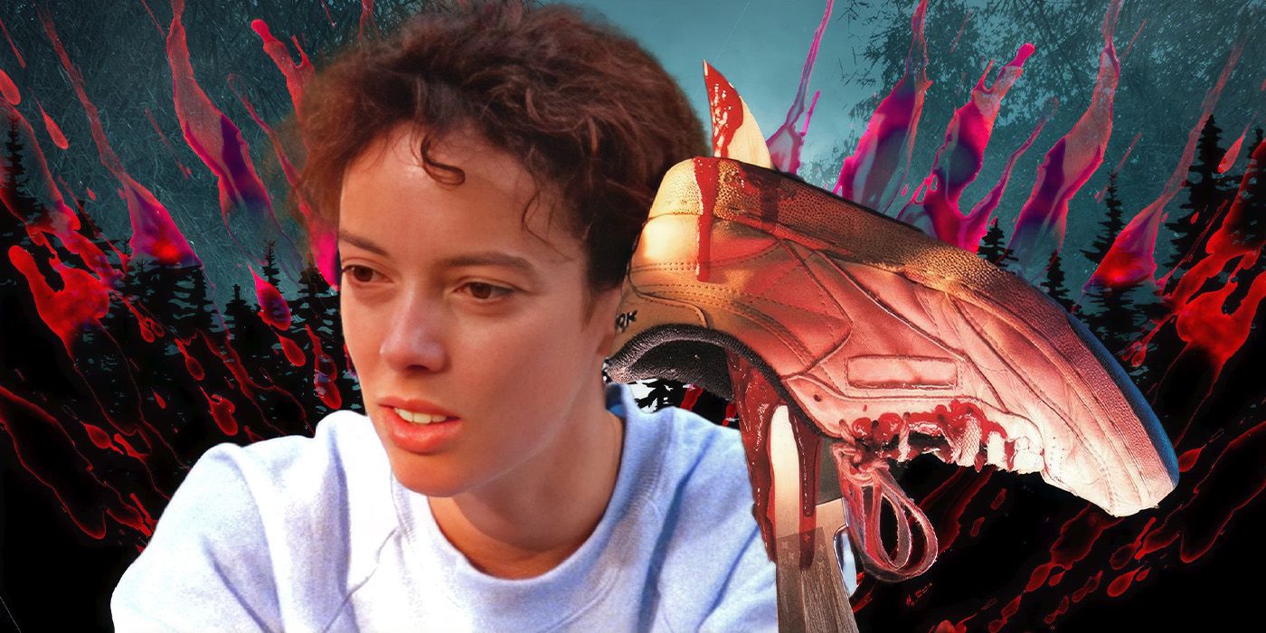 Angela, played by actor Pamela Springsteen, in front of a flaming forest background with a sneaker impaled on a knife.