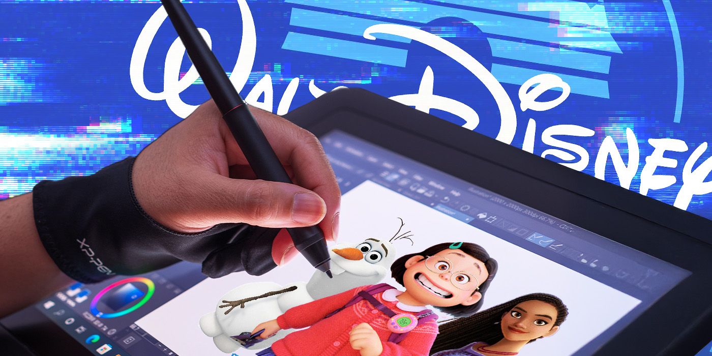 An animator's hand holds a stylus over a screen displaying the characters Olaf, Asha and Mei, against a backdrop of the Disney logo.