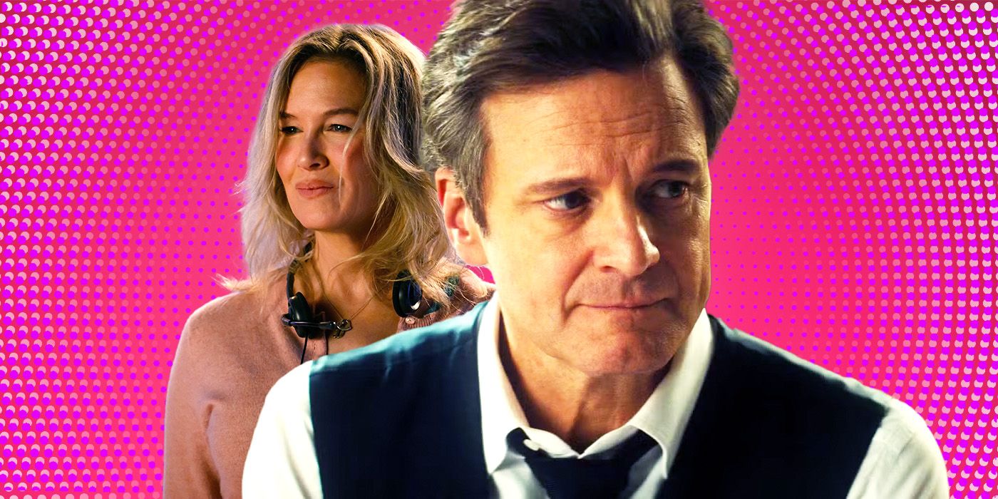 A worried-looking Mark Darcy, played by actor Colin Firth, against a pink background, with Bridget, played by actor Renee Zellweger, behind him.