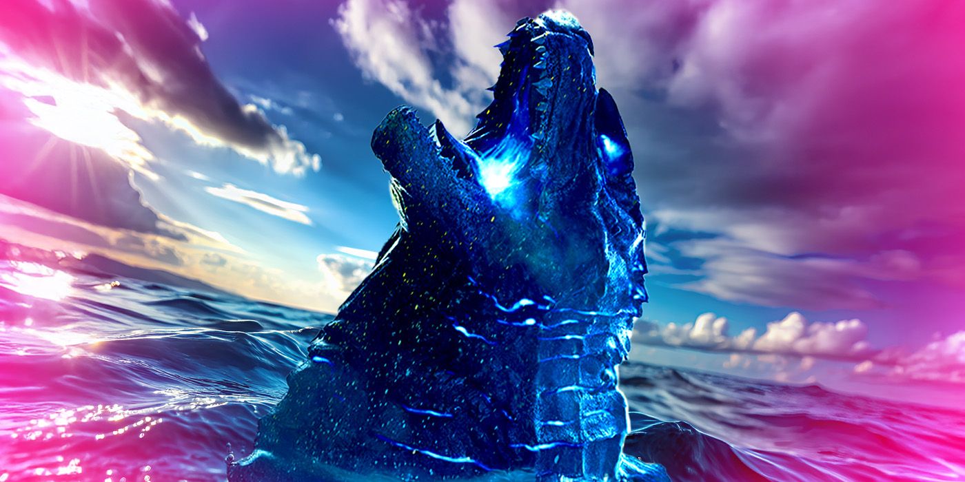 Godzilla emerging from the ocean, cast in bright blue and purple light.