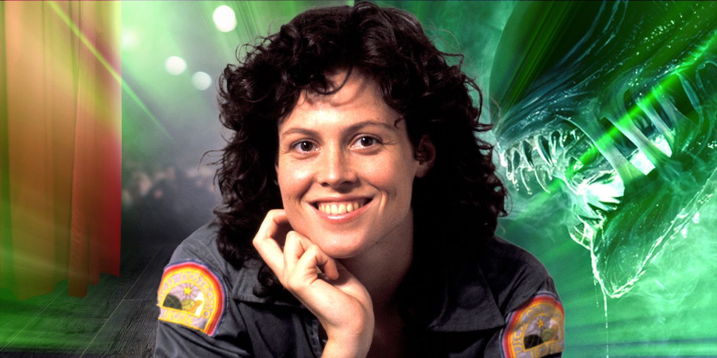 Sigourney Weaver as Ellen Ripley, smiling next to a stage and a xenomorph.