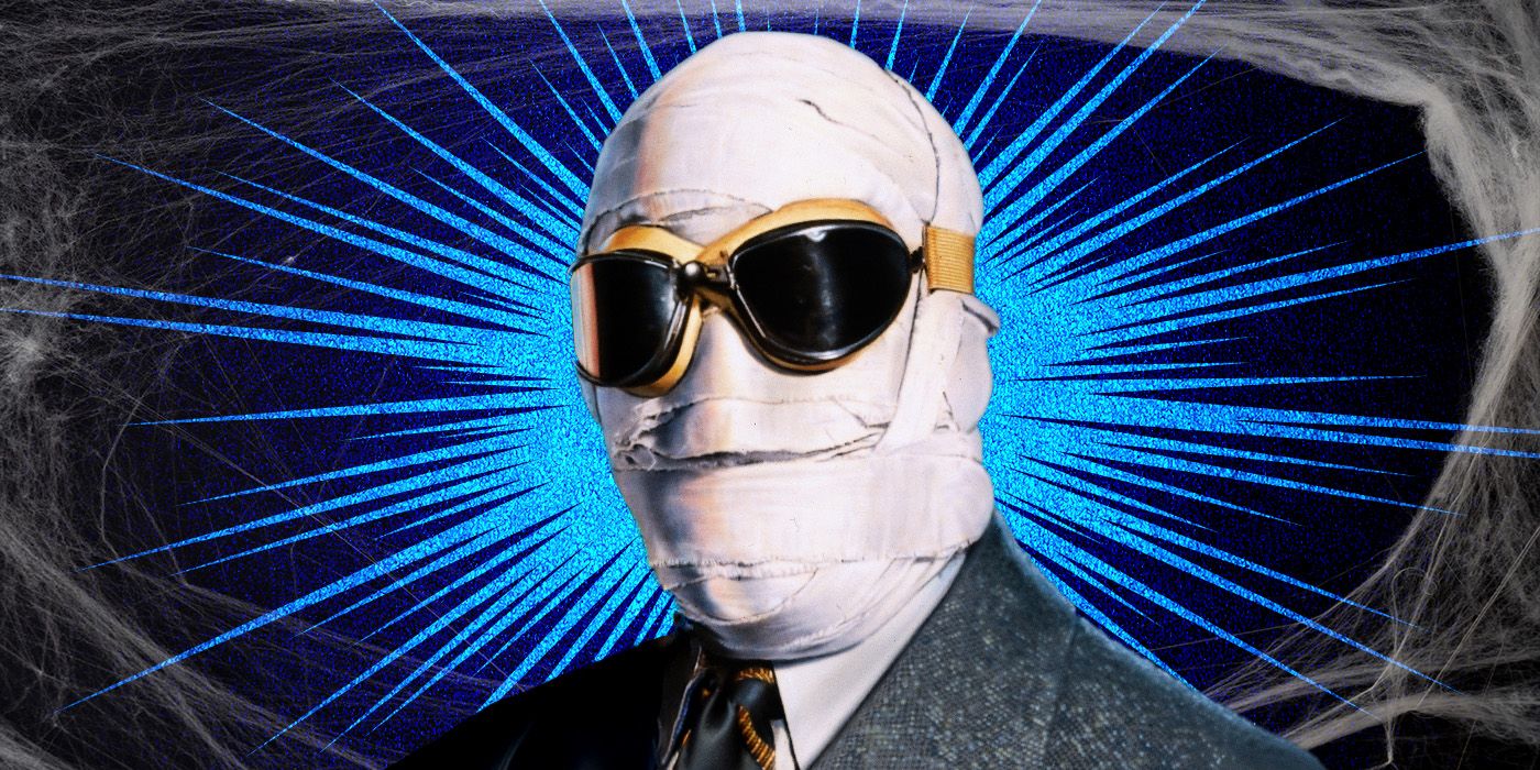The invisible man stands in a dark suit with his head bandaged while wearing sunglasses, against an explosive blue backdrop.