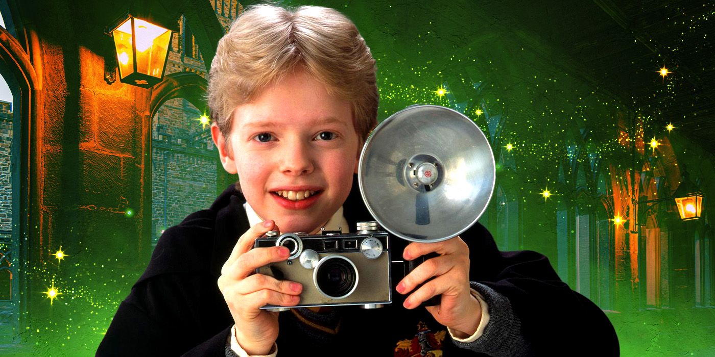 Colin Creevey, played by actor Hugh Mitchell, looking chirpy and holding a camera against a sparkly green background at Hogwarts.