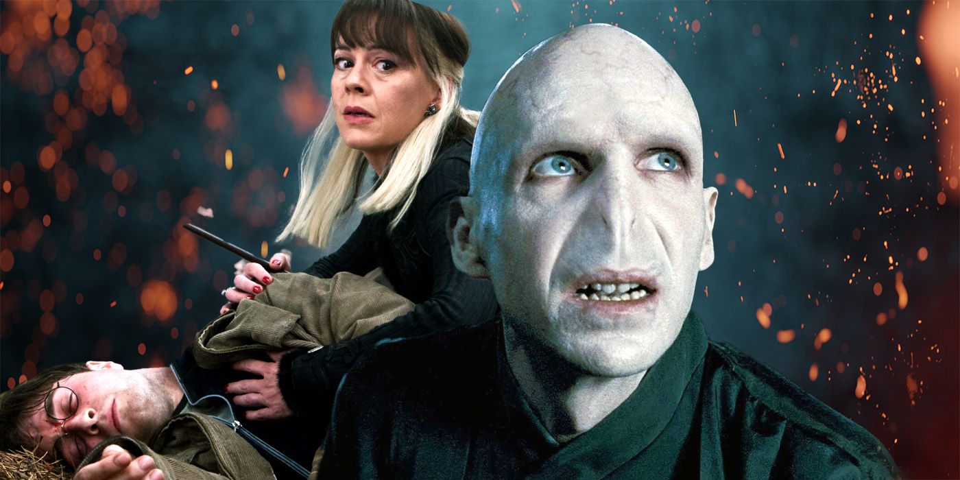 Narcissa Malfoy, played by actor Helen McCrory, leans over an unconscious Harry Potter, played by actor Daniel Radcliffe, while Lord Volemort, played by actor Ralph Fiennes, looms in the foreground.