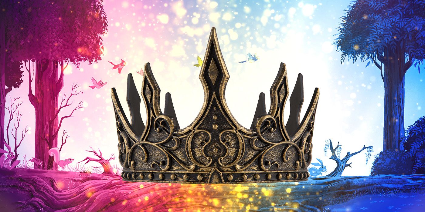 An animated landscape from Disney&rsquo;s Sleeping Beauty, cast in rainbow colors with a crown sat in the middle.