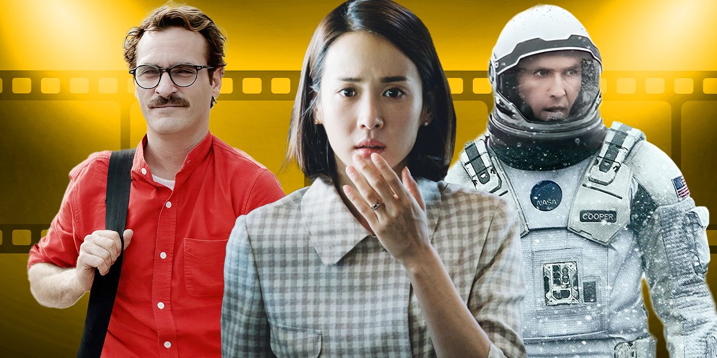 Blended image showing characters from Her, Parasite, and Interstellar