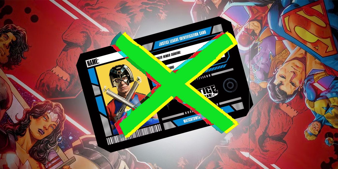 Blended image showing a Justice League membership card with Peacemaker&rsquo;s photo crossed out.
