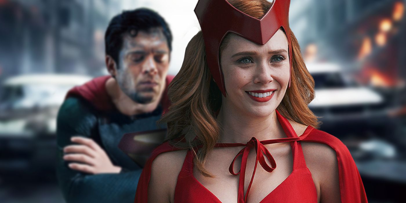 Blended image showing a bruised Superman and Scarlet Witch smiling
